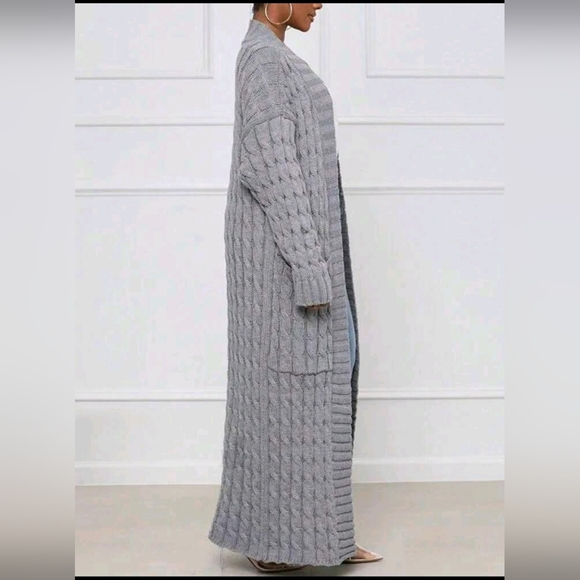 Full Length Grey Cable Knit Cardigan Sweater - Picture 2 of 3
